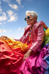Fototapeta premium Generative AI illustration of a 55-year-old lesbian woman dressed and made up in haute couture with the colors of the rainbow