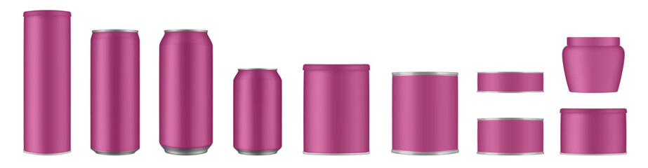 Set of purple tin cans and jars. Coffee or tea canister. Tin can for preserves or pet food. Beer, cocktail or soda can. Chips tube. Cookie jar. Round box for sugar or flour