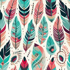 Fototapeta na wymiar Multi-colored bright ethnic feathers. Seamless pattern with colorful feathers. AI illustration. Print design for textile, fabric, t-shirt, wallpaper, wrapping paper..