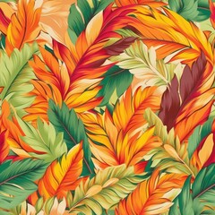 Multi-colored bright ethnic feathers. Seamless pattern with colorful feathers. AI illustration. Print design for textile, fabric, t-shirt, wallpaper, wrapping paper..