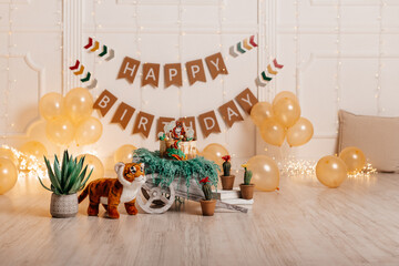 studio background for birthday with balloons and garland