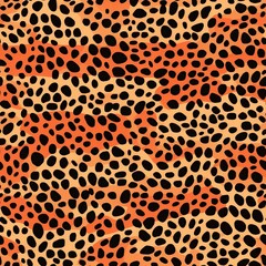 Orange leopard jaguar fur texture repeating seamless pattern. AI illustration. Modern panther animal fabric textile print design. .