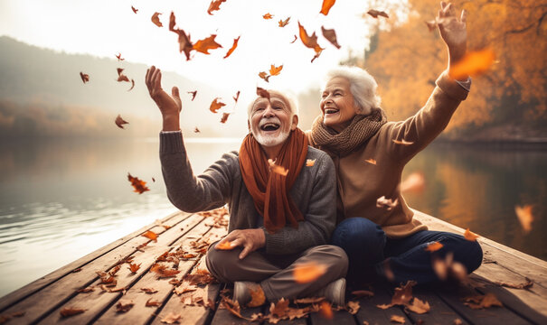 aktive Senioren im Herbst und ausgelassene Fröhlichkeit und Spaß, generative AI