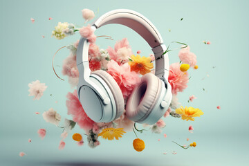 Creative love concept of music with headphones and Spring flowers in the pastel mint background....