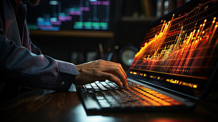 close up hand Businessman planning invest project target indicator computer mouse keyboard rising graph background.