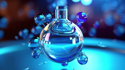 Cosmetic Essence, Blue Molecule in Liquid bubble, cosmetic concept background. Generative ai