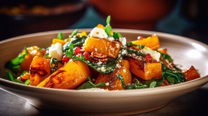  Close up of Roasted Pumpkin Salad in plate  on dark table. Top view, aI generated