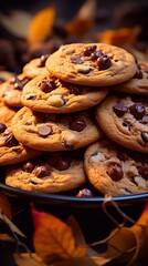 Freshly baked chocolate cookies with chocolate drops on autumn leaves background. AI generated