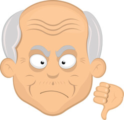 vector illustration face grandfather or older man cartoon, with thumb pointing down in concept of not approved or no like
