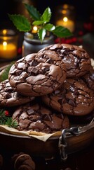  Close up of Freshly baked chocolate cookies with chocolate drops in baking sheet on christmas background. AI generated