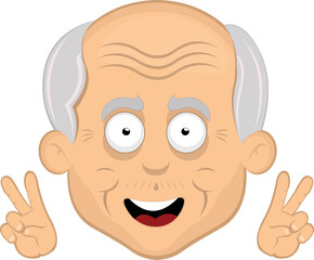 vector illustration face grandfather or old man cartoon with hands making the classic gesture of love and peace or v victory