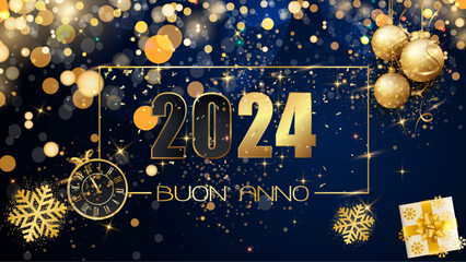 biglietto o banner per augurare un felice anno nuovo 2024 in oro su sfondo blu con glitter e cerchi in effetto bokeh, un orologio, regali, fiocchi di neve e palla di Natale in colore oro - obrazy, fototapety, plakaty