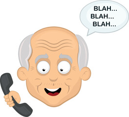 vector illustration face grandfather or old man cartoon cheerful, talking on the phone and a speech bubble with the text blah