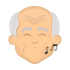 vector illustration face grandfather or old man cartoon happy, whistling with musical notes on his lips