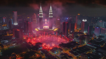 4K aerial hyperlapse of Kuala Lumpur cityscape during Chinese New Year Eve. Generative ai