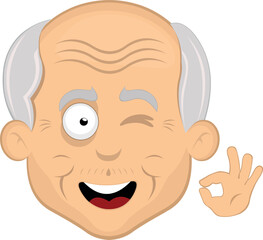 vector illustration face grandfather or old man cartoon, winking eye and with his hand making an ok or perfect gesture
