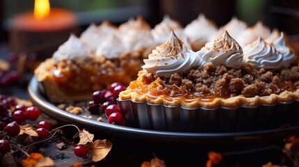 Pumpkin pie with whipped cream on dark autumn background. AI generated