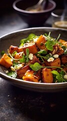 Roasted pumpkin salad with feta and quinoa on wooden table. AI generated