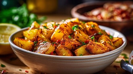 Close up Roasted potatoes salad in bowl on the table. AI generated