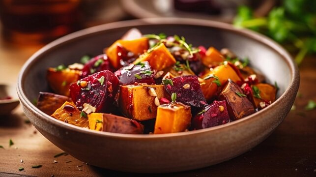  Close up of Roasted beetroot and pumpkin salad on wooden table. Top view. AI generated
