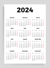 Calendar poster for 2024. Vector vertical template A4 format.
