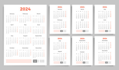 Calendar 2024 year. Calendar vector template design options. Vertical calendar - A4 posters, and a quarterly vertical calendar.