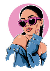 Attractive young woman in sunglasses wearing jeans jacket