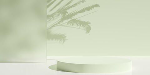 Empty, blank, round podium or dais in pastel green room background with tree shadow and glassmorphism wall, product or design placement template
