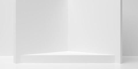 Empty, blank triangle dais or platform in white room background with white side walls, product presentation template