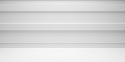 Fototapeta premium Empty white interior room with horizontal blocks on back wall, modern architecture or product presentation template background