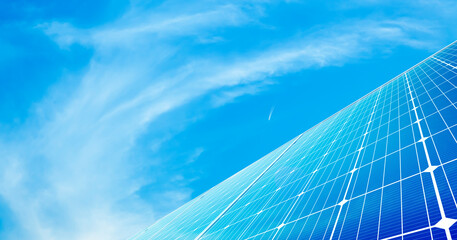 Fototapeta na wymiar Solar panels reflect blue sky ,Clean energy and environment. 3D rendering