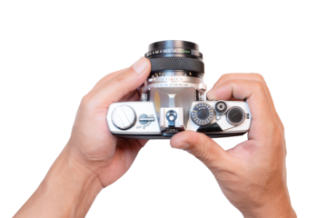 Man holding old film camera, white background and isolate.