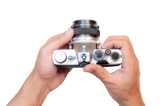 Man holding old film camera, white background and isolate.