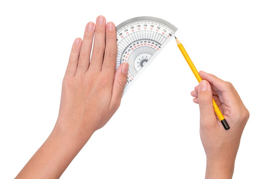 The boy uses a protractor to measure degrees. Math and engineering concepts for kids. white background and isolate.