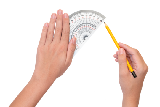 The boy uses a protractor to measure degrees. Math and engineering concepts for kids. white background and isolate.