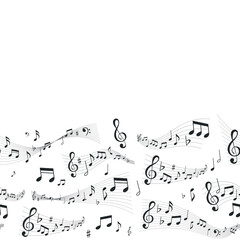 Music Waves Seamless Background, Border or Frame with Copy Space. Vector Musical Notes And Treble Clef On Curvy Stave