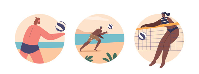 Isolated Round Icons or Avatars with Male and Female Characters Engaging In Beach Volleyball, Spiking The Ball Over Net