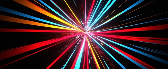 Sunlight hyperjump rays background. Yellow and red streaks of sunrise in 80s style 3d render with blue lines of starburst and abstract sunbeam tunnel