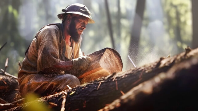 A lumberjack man is cutting wood. Human activities result in widespread forest clearance, leading to habitat loss, biodiversity decline, and ecological imbalance. Deforestation concept. Copy space