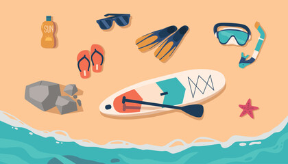 Set Various Beach Items Top View, Cream Bottle, Sunglasses, Flippers and Sup Board, Mask, Tube, Starfish on Golden Sand