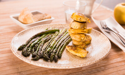 dietary meal rich in protein. Stir fried chicken breast and green asparagus