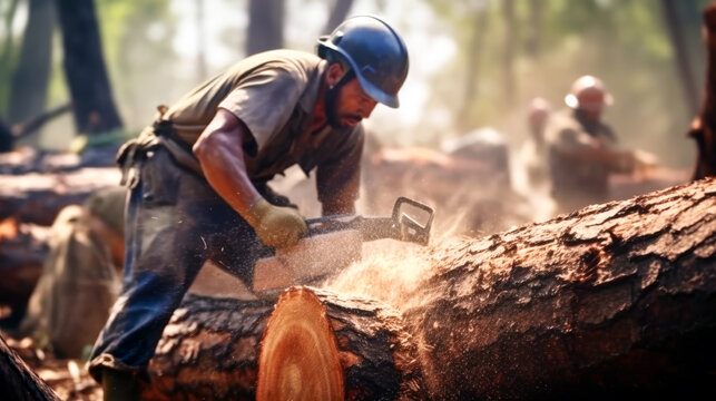 A Loggers cuts a tree trunk with a chainsaw. Felled and sawn logs of trees in the foreground. Forest clearing destroys vital habitats. Habitat Destruction and environmental problems. Copy space.Banner