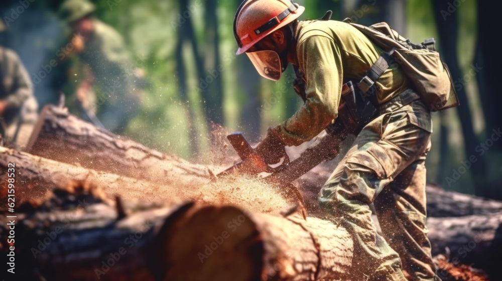 Wall mural a loggers cuts a tree trunk with a chainsaw. felled and sawn logs of trees in the foreground. forest