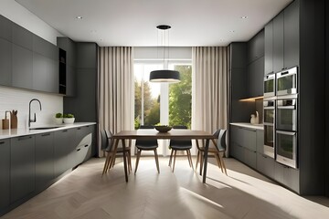 Naklejka na ściany i meble Sunlit serenity: Modern kitchen with wooden dining set, sleek black refrigerator, and stylish cabinets. Experience tranquility and envision delightful meals in this captivating space.