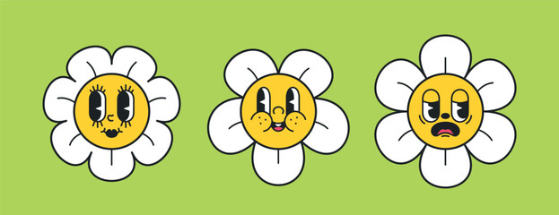 Fototapeta premium Nostalgic Cartoon Daisies With Expressive Emotions, Smile, Joyful and Bored Flower Faces Evoking A Sense Of Retro Charm