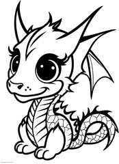 cute kind dragon, coloring book for children, black and white illustration, generative ai	