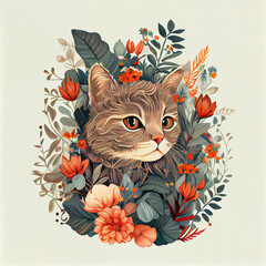 The head of a yard cat peeks out from behind garden flowers. Cute kind digital illustration created by AI.