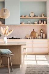 A homey interior of pastel hues and traditional berber and arabian touches creates a warm and inviting atmosphere around the kitchen table and shelves