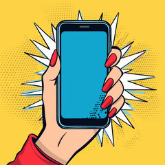 Woman hand holding smartphone. Pop art vector illustration. © Татьяна Петрова
