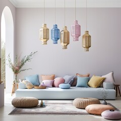 A cozy pastel-hued interior featuring a comfortable berber-style couch adorned with arabian-inspired pillows invites you into a calming and inviting home